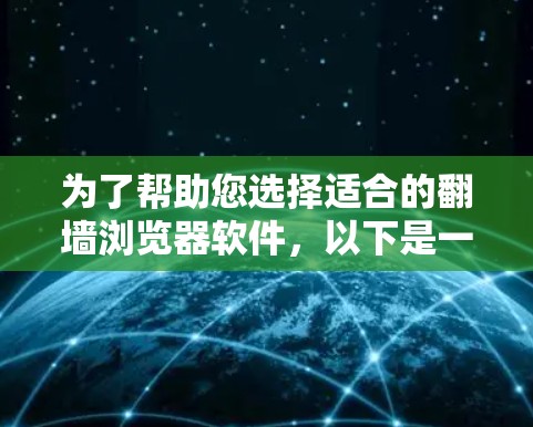 为了帮助您选择适合的翻墙浏览器软件,以下是一些推荐,涵盖免费版本和小成本解决方案